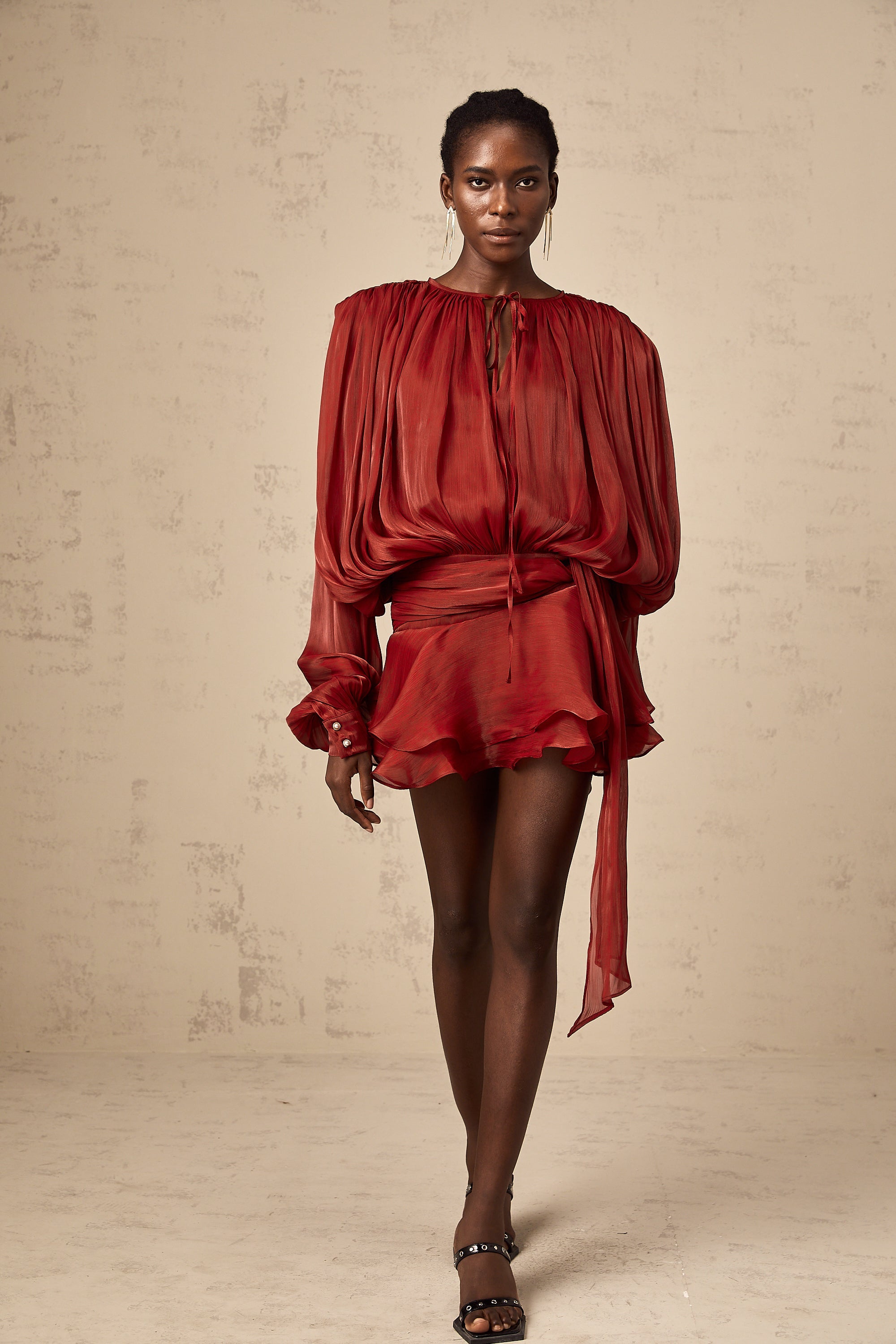 Eugénie Fully Pleated Ruffled Mini Dress Long Sleeve Red