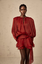 Eugénie Fully Pleated Ruffled Mini Dress Long Sleeve Red