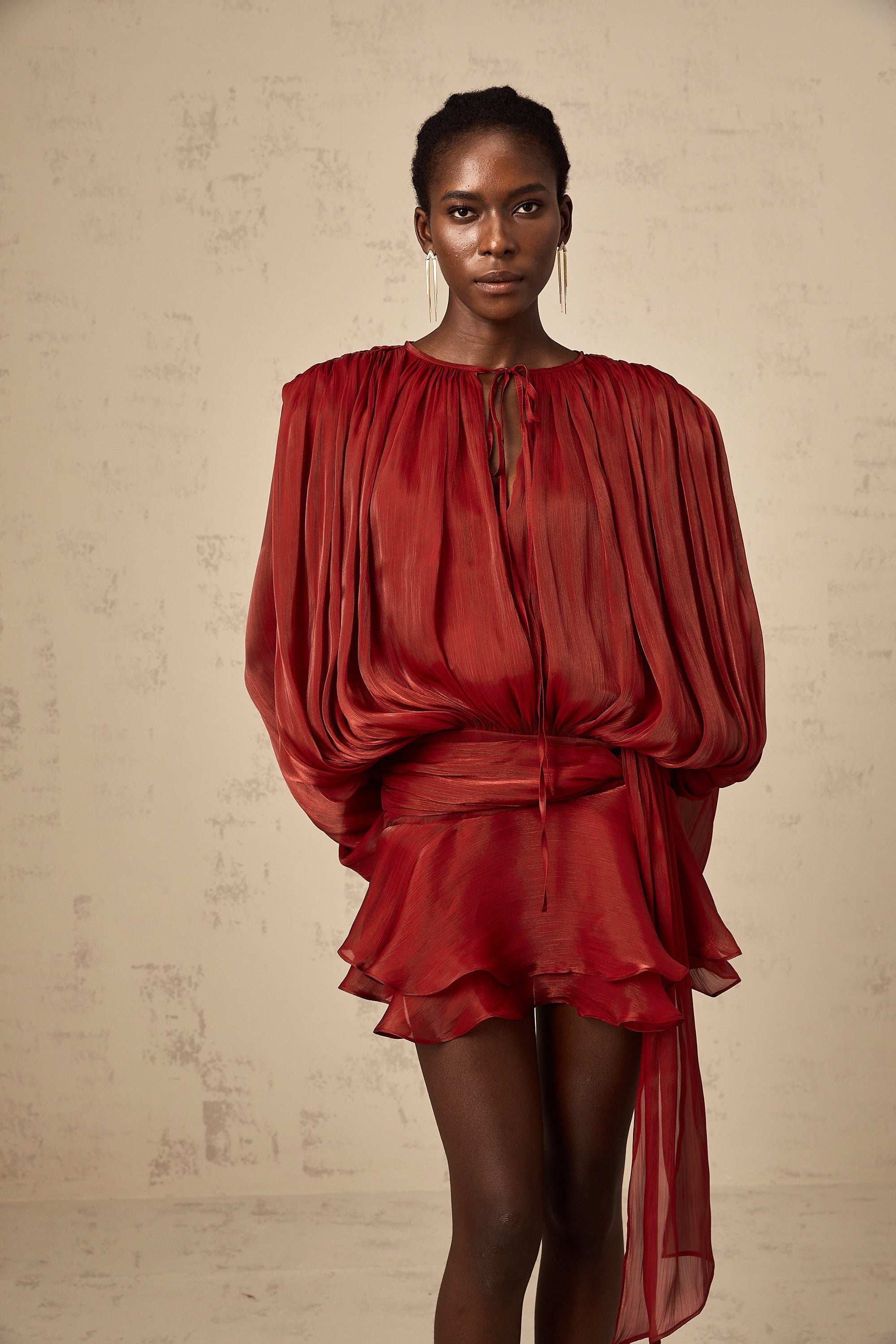 Eugénie Fully Pleated Ruffled Mini Dress Long Sleeve Red