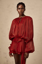 Eugénie Fully Pleated Ruffled Mini Dress Long Sleeve Red