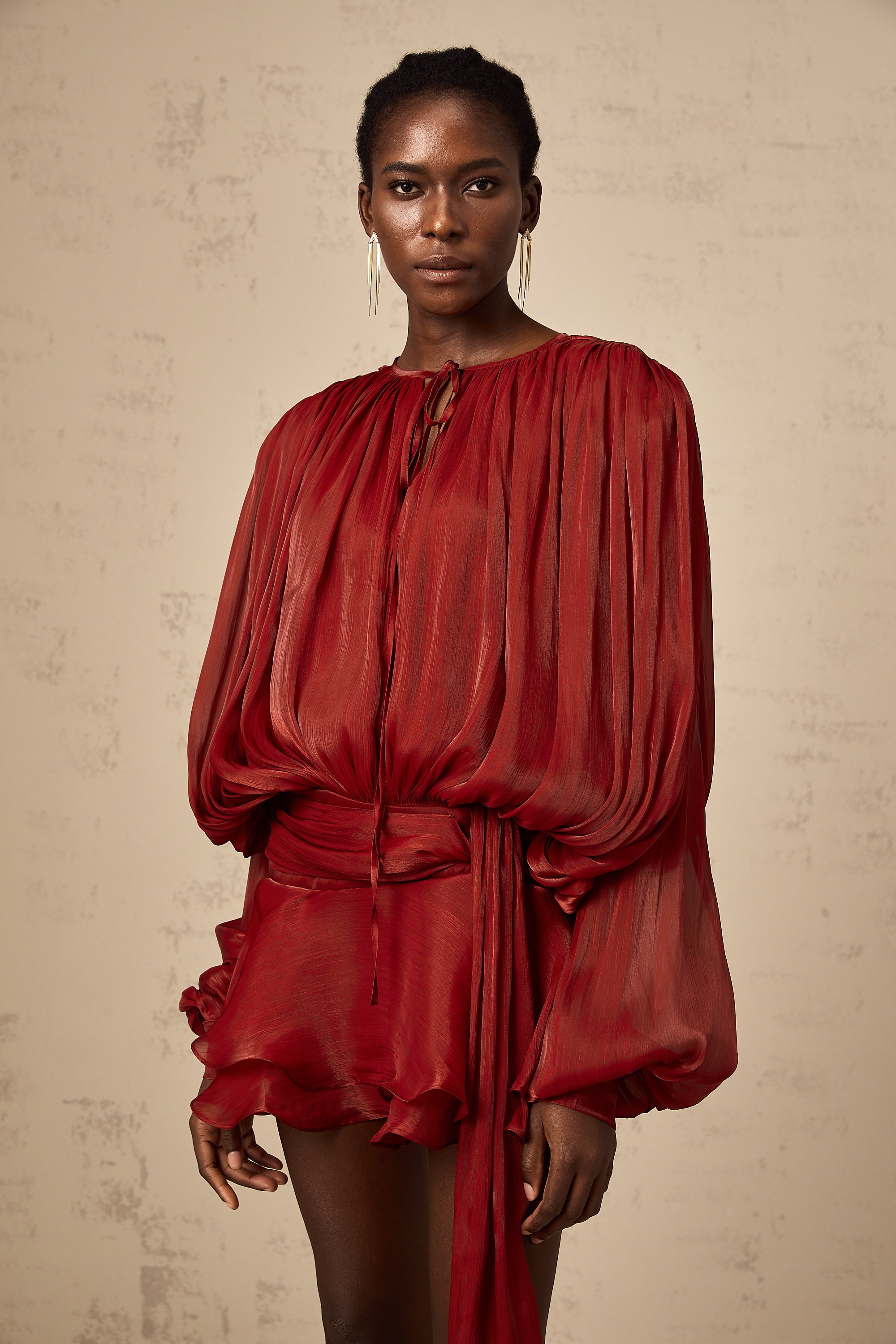 Eugénie Fully Pleated Ruffled Mini Dress Long Sleeve Red