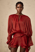 Eugénie Fully Pleated Ruffled Mini Dress Long Sleeve Red