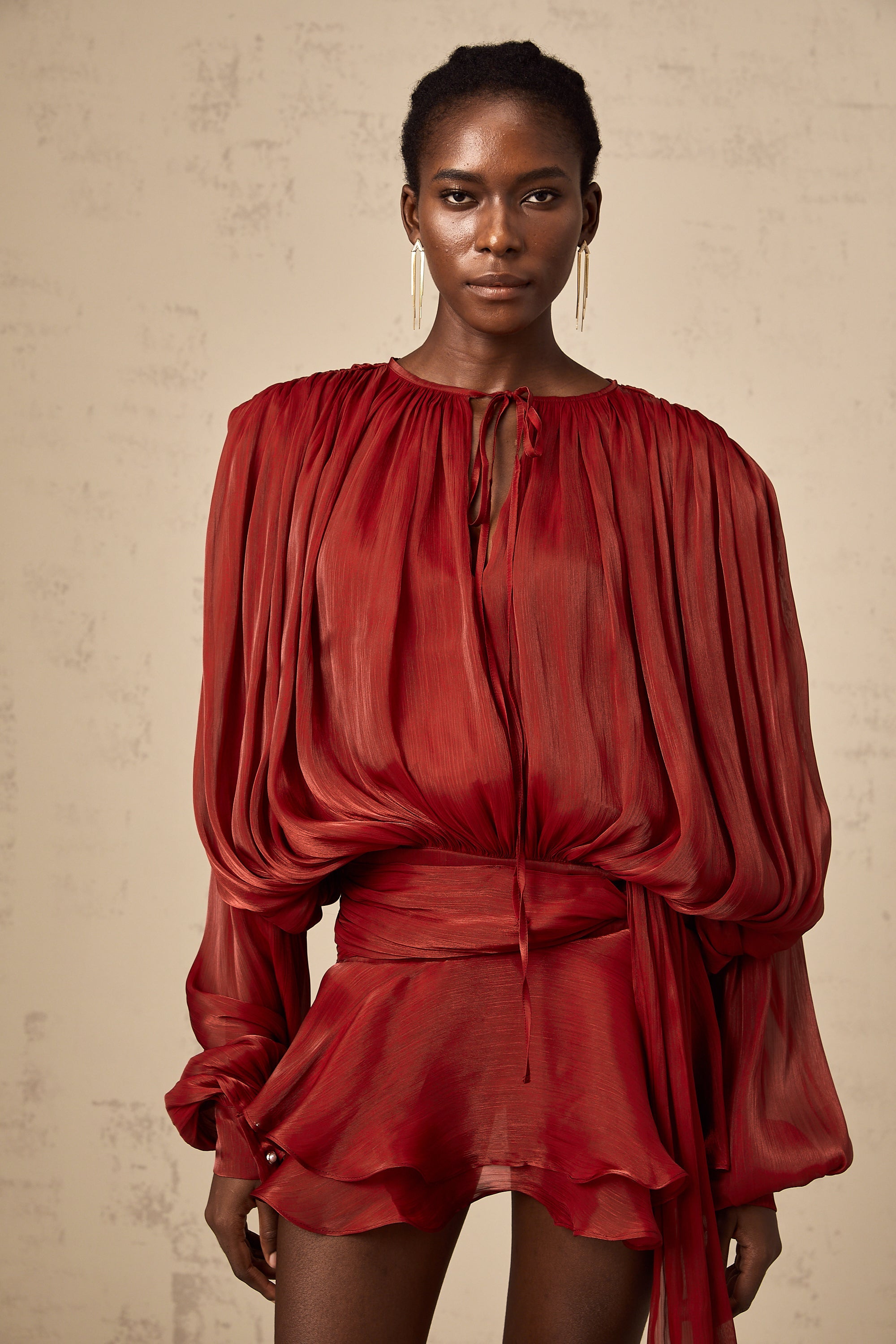 Eugénie Fully Pleated Ruffled Mini Dress Long Sleeve Red