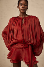 Eugénie Fully Pleated Ruffled Mini Dress Long Sleeve Red