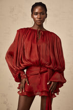 Eugénie Fully Pleated Ruffled Mini Dress Long Sleeve Red
