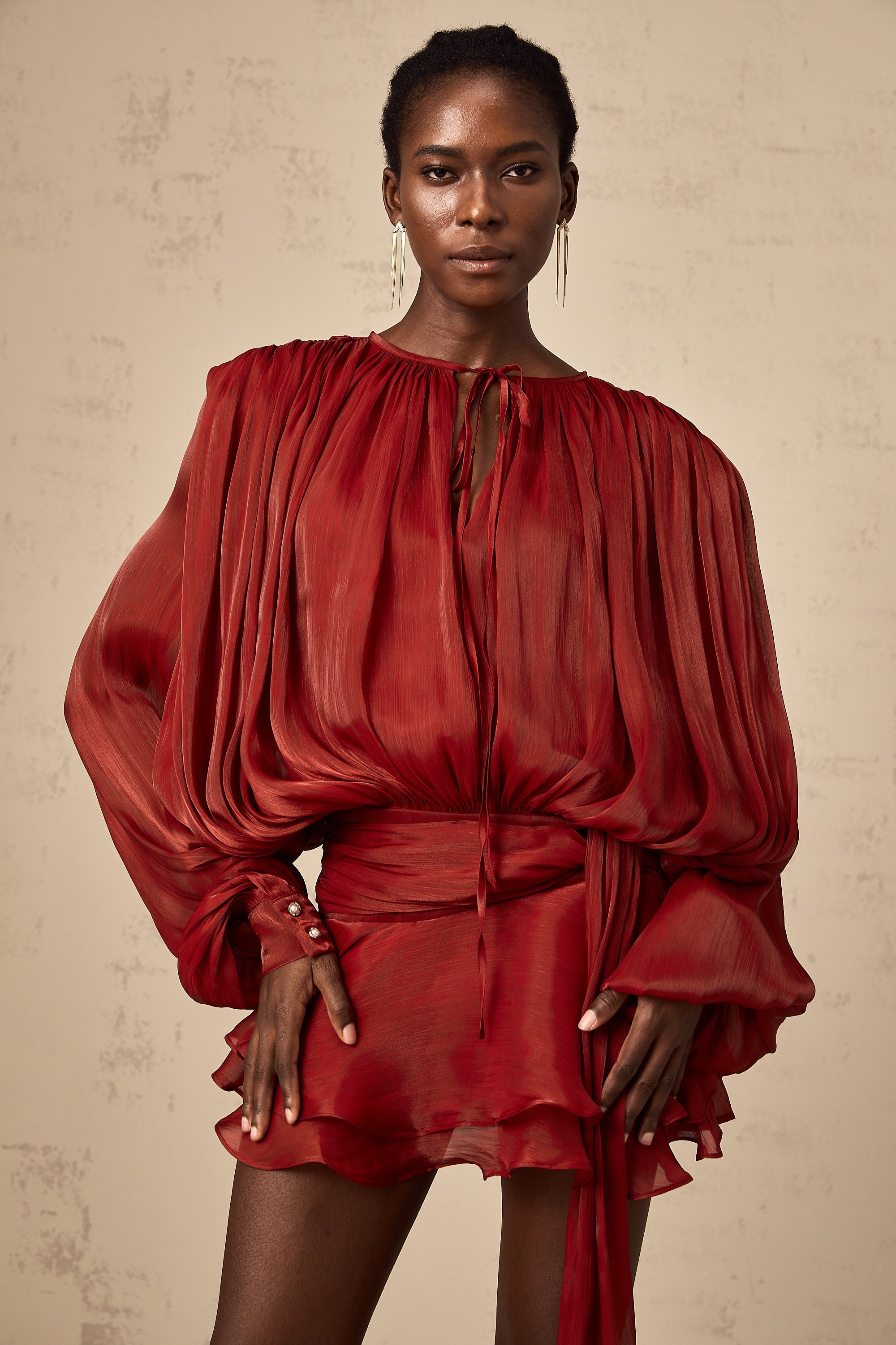 Eugénie Fully Pleated Ruffled Mini Dress Long Sleeve Red