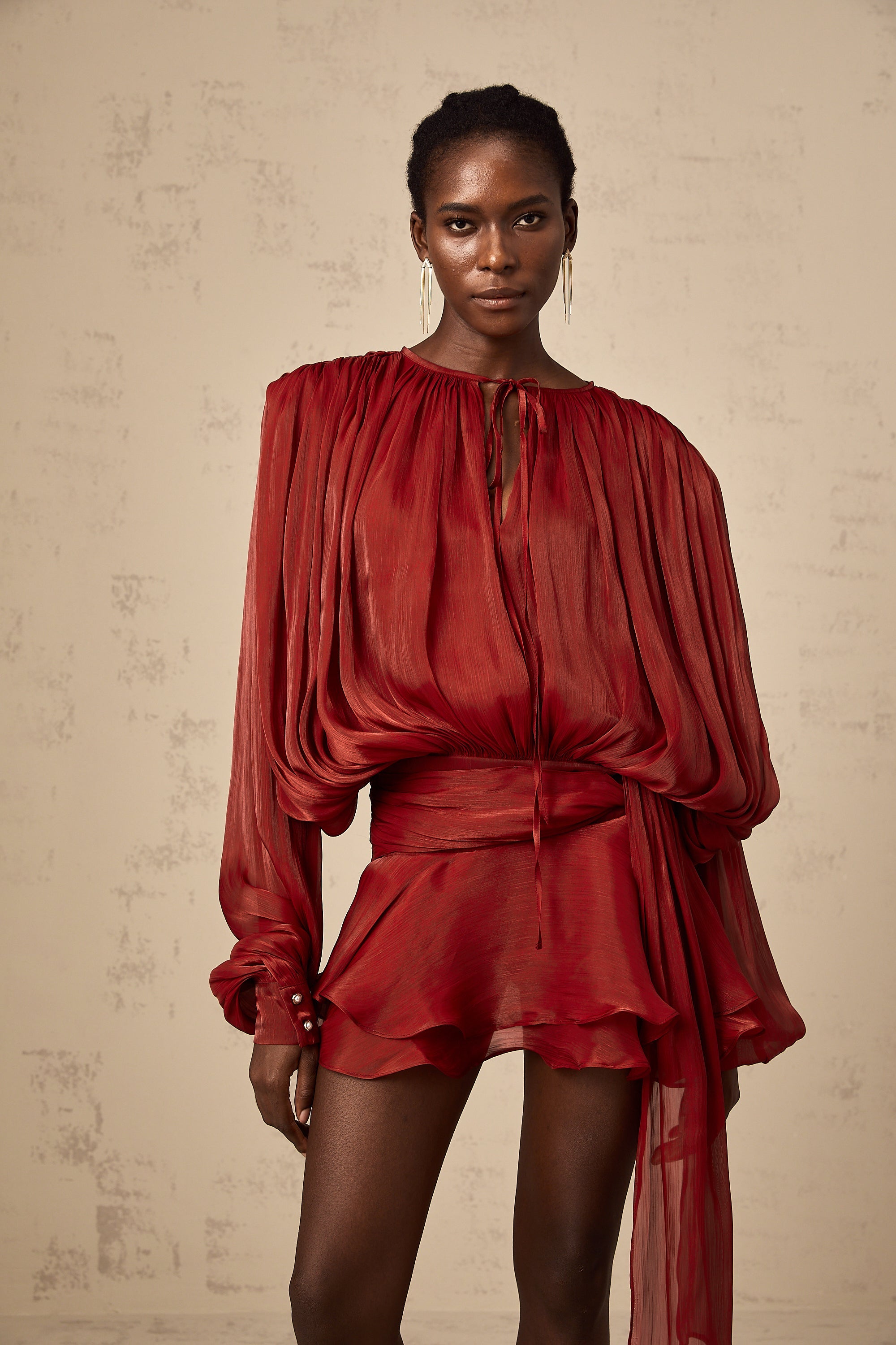 Eugénie Fully Pleated Ruffled Mini Dress Long Sleeve Red