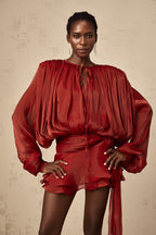 Eugénie Fully Pleated Ruffled Mini Dress Long Sleeve Red