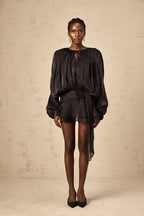 Eugénie Fully Pleated Ruffled Mini Dress Long Sleeve Black