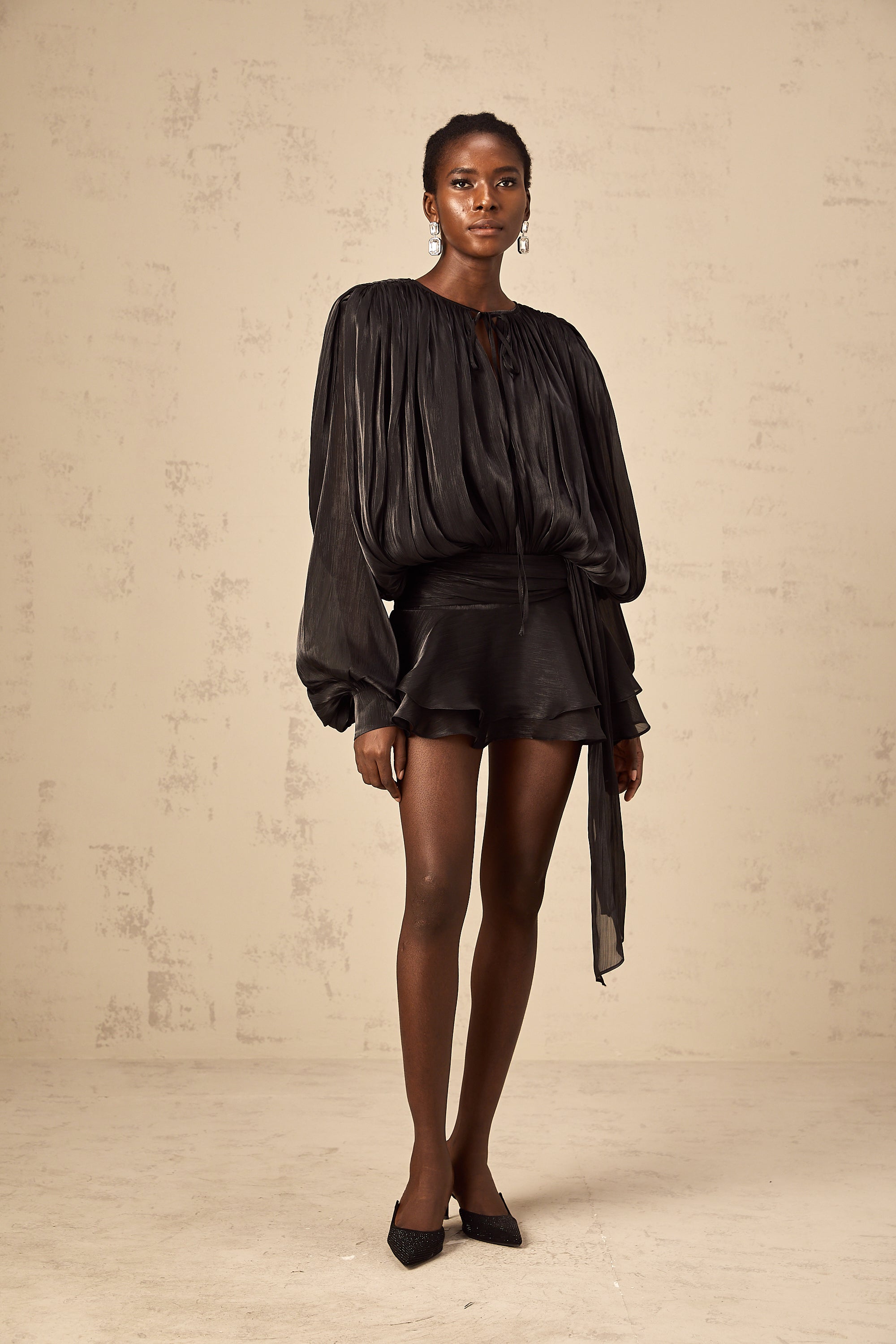 Eugénie Fully Pleated Ruffled Mini Dress Long Sleeve Black