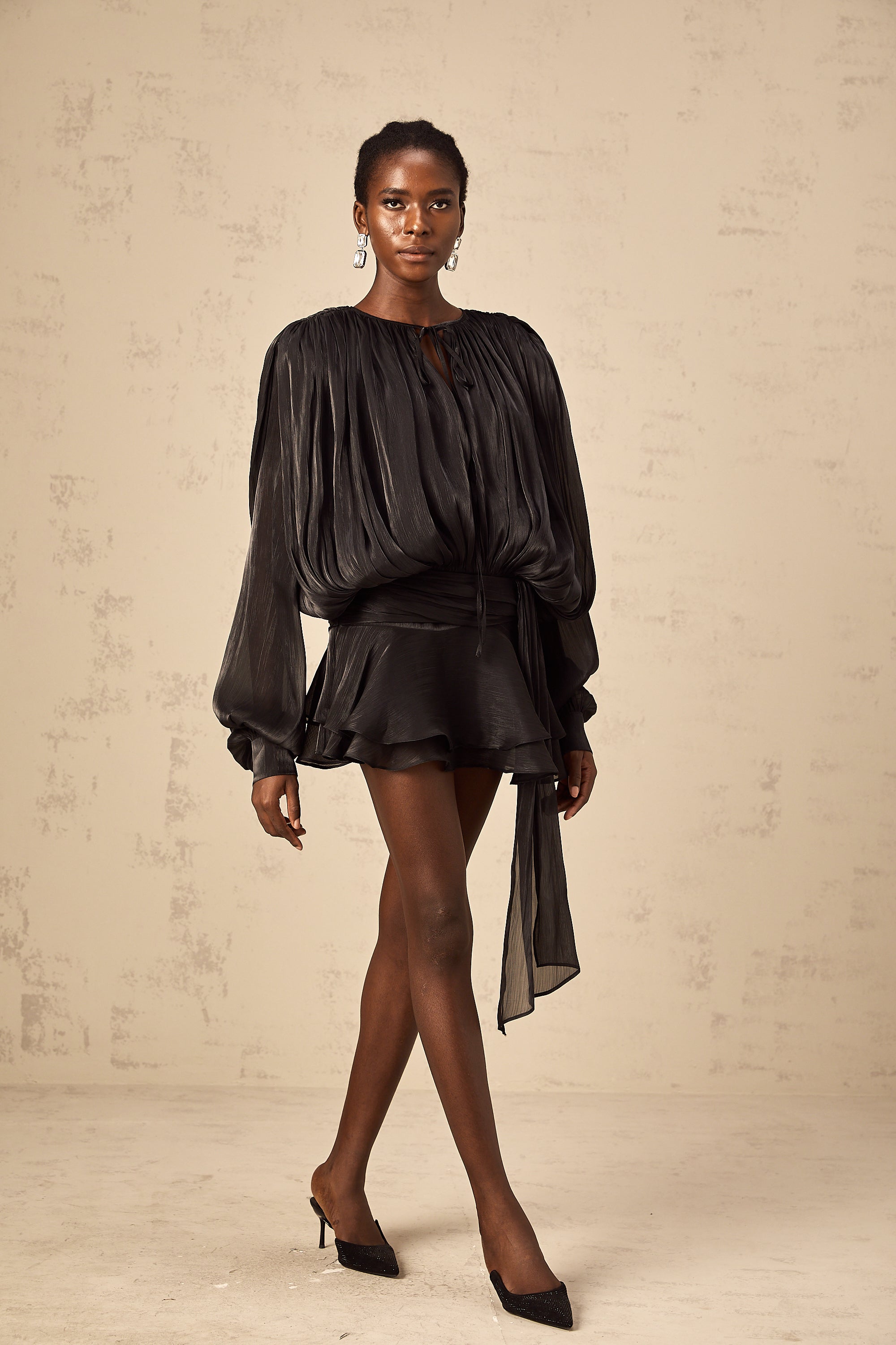 Eugénie Fully Pleated Ruffled Mini Dress Long Sleeve Black