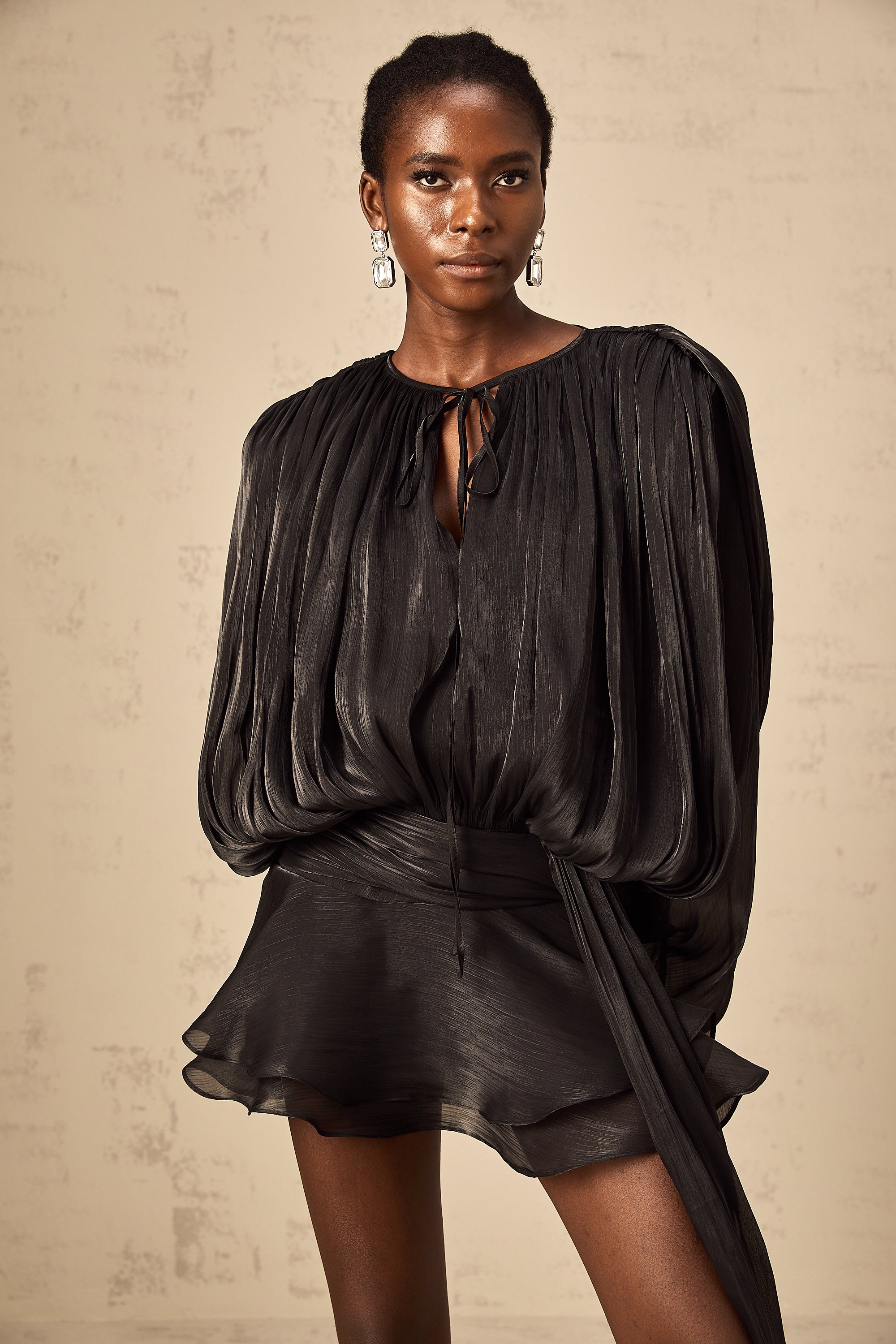 Eugénie Fully Pleated Ruffled Mini Dress Long Sleeve Black