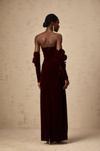 Azura Floral Appliqué Maxi Dress Off-Shoulder Long Sleeve Detail Red