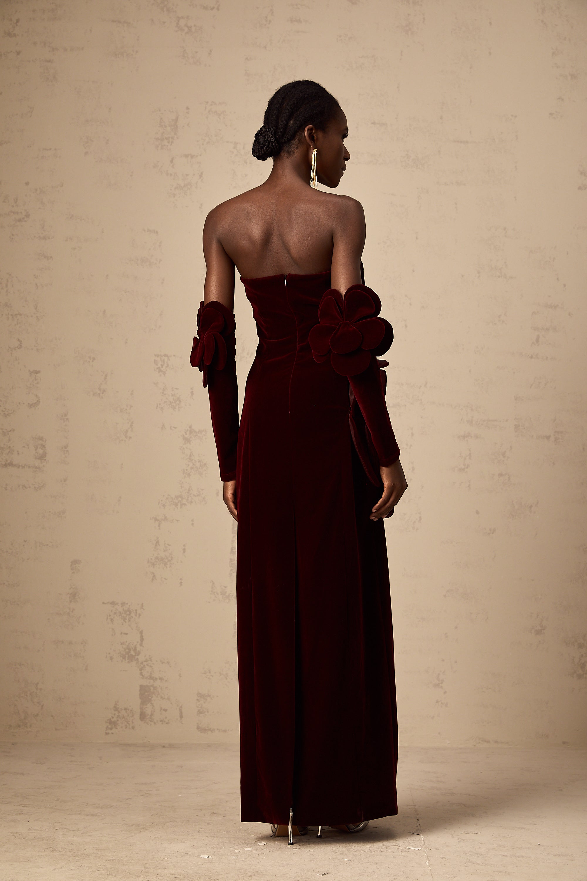 Azura Floral Appliqué Maxi Dress Off-Shoulder Long Sleeve Detail Red