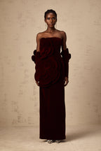 Azura Floral Appliqué Maxi Dress Off-Shoulder Long Sleeve Detail Red
