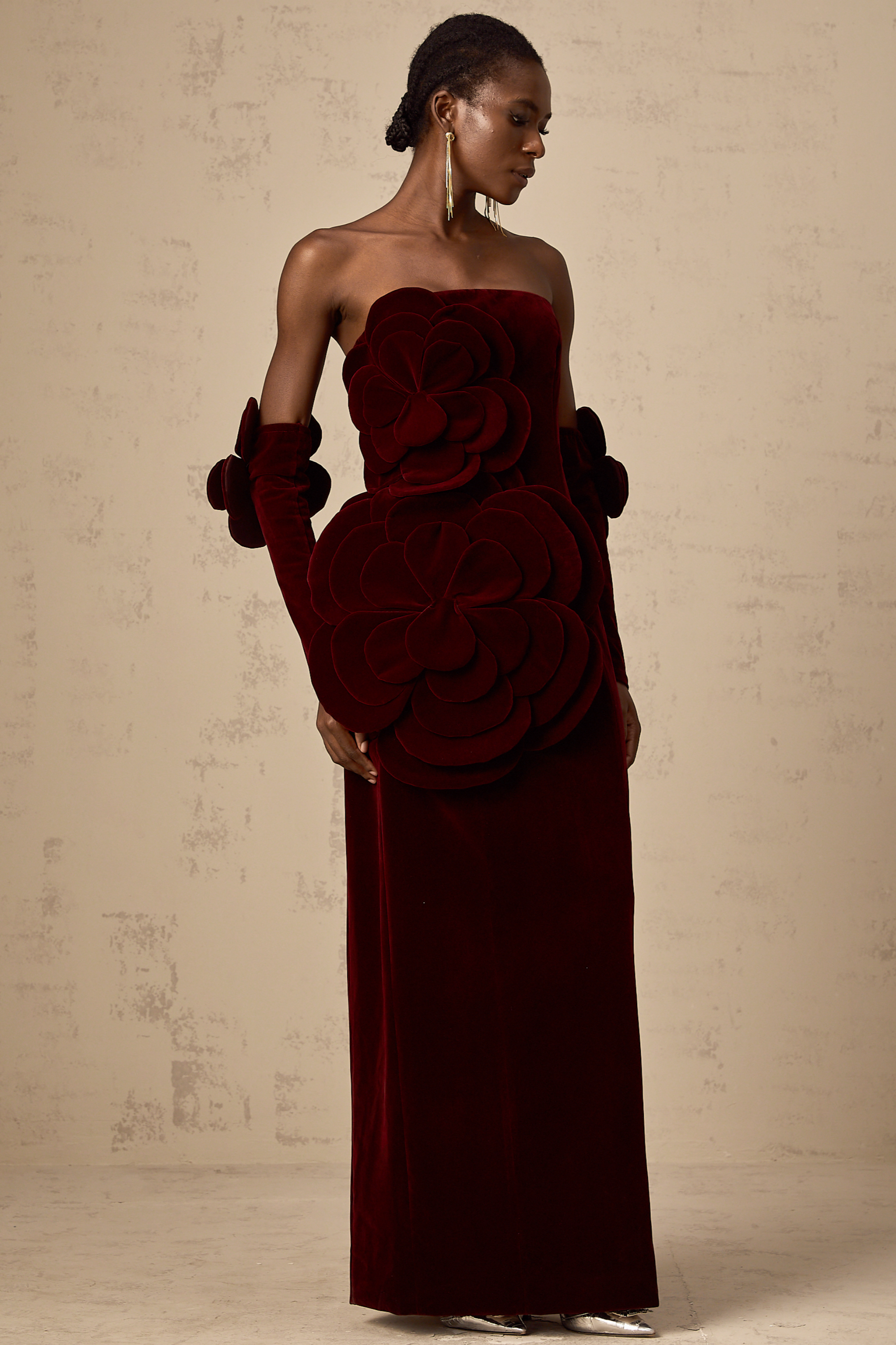 Azura Floral Appliqué Maxi Dress Off-Shoulder Long Sleeve Detail Red