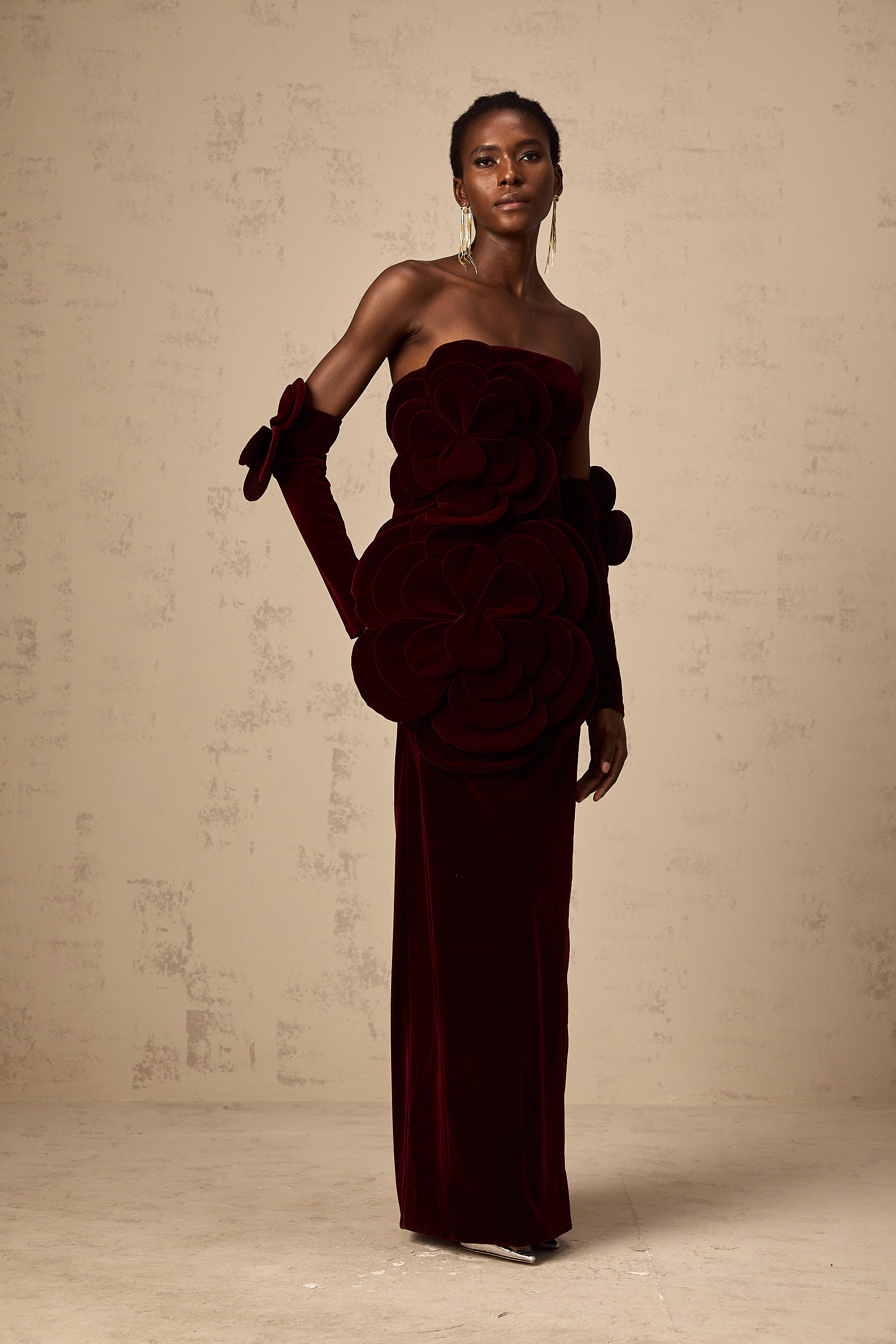 Azura Floral Appliqué Maxi Dress Off-Shoulder Long Sleeve Detail Red
