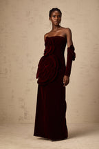 Azura Floral Appliqué Maxi Dress Off-Shoulder Long Sleeve Detail Red