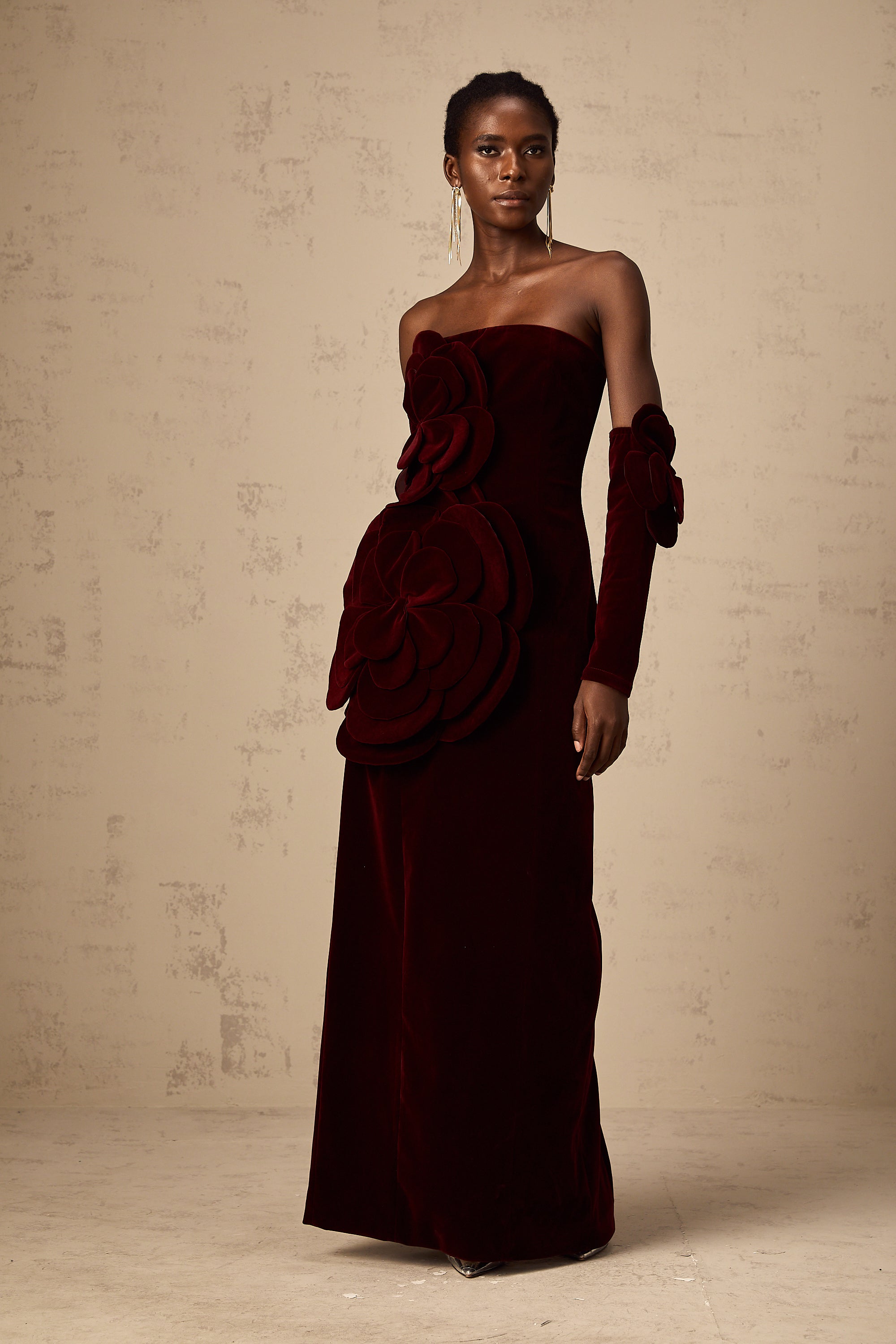 Azura Floral Appliqué Maxi Dress Off-Shoulder Long Sleeve Detail Red