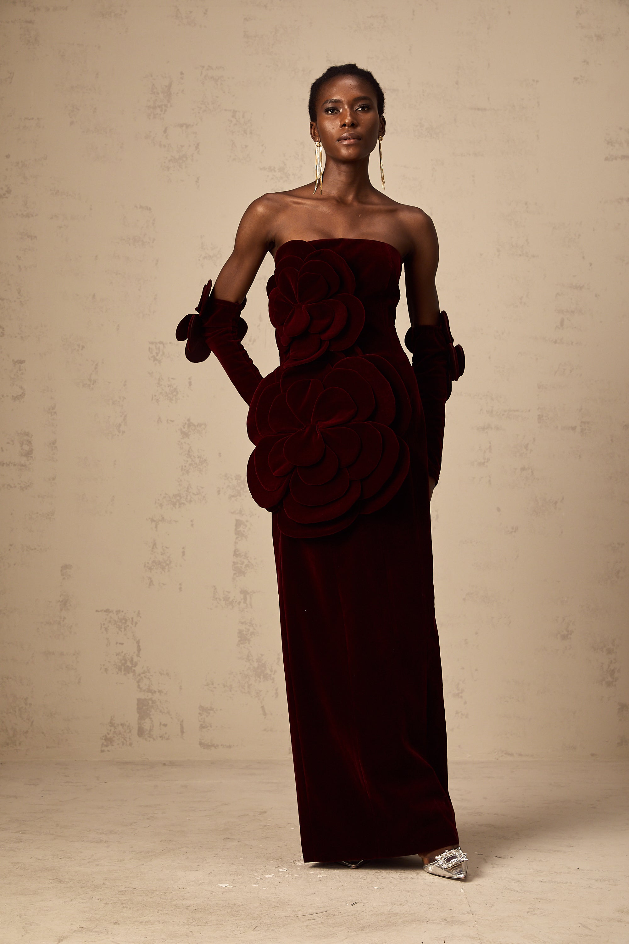 Azura Floral Appliqué Maxi Dress Off-Shoulder Long Sleeve Detail Red