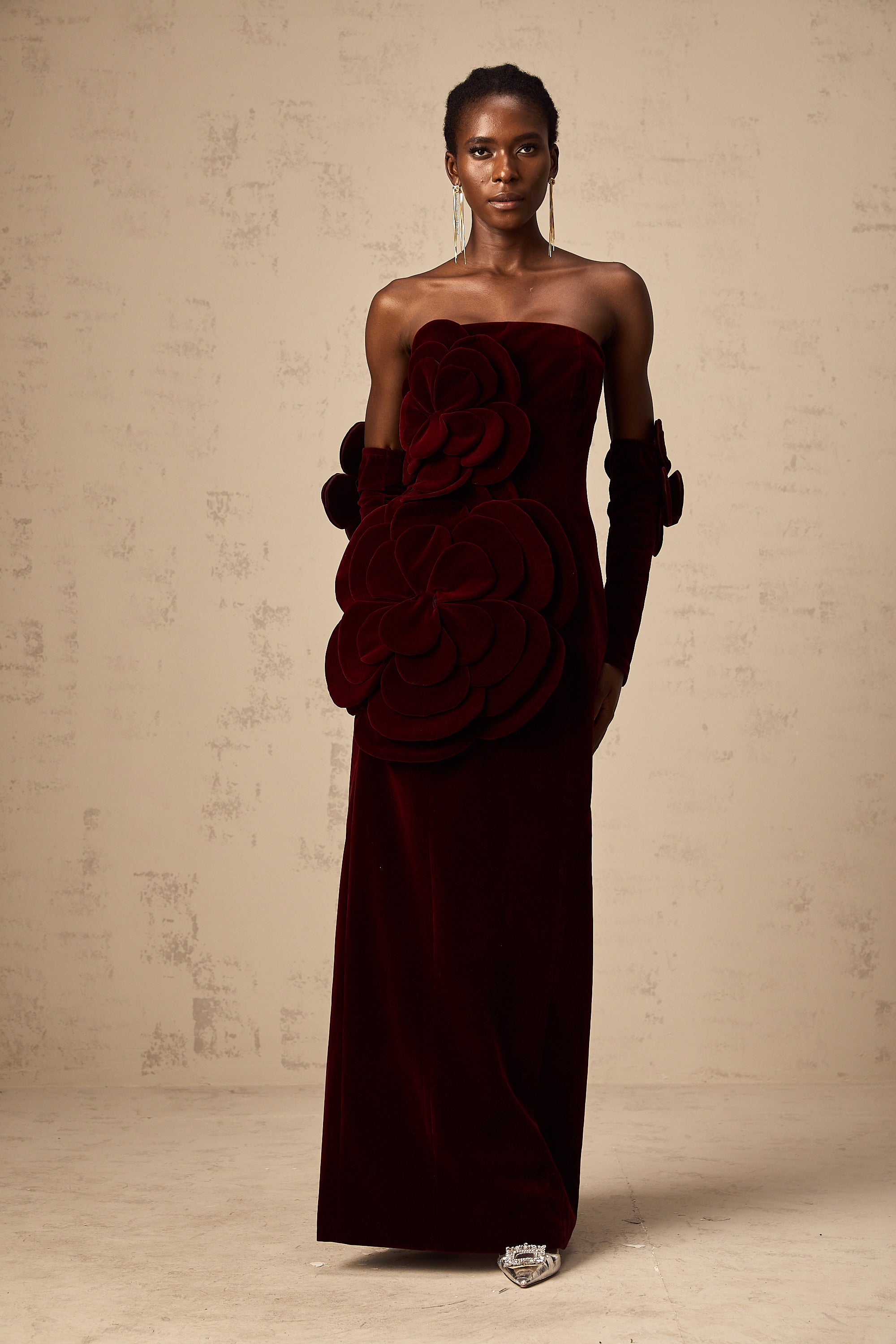Azura Floral Appliqué Maxi Dress Off-Shoulder Long Sleeve Detail Red