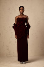 Azura Floral Appliqué Maxi Dress Off-Shoulder Long Sleeve Detail Red