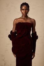 Azura Floral Appliqué Maxi Dress Off-Shoulder Long Sleeve Detail Red