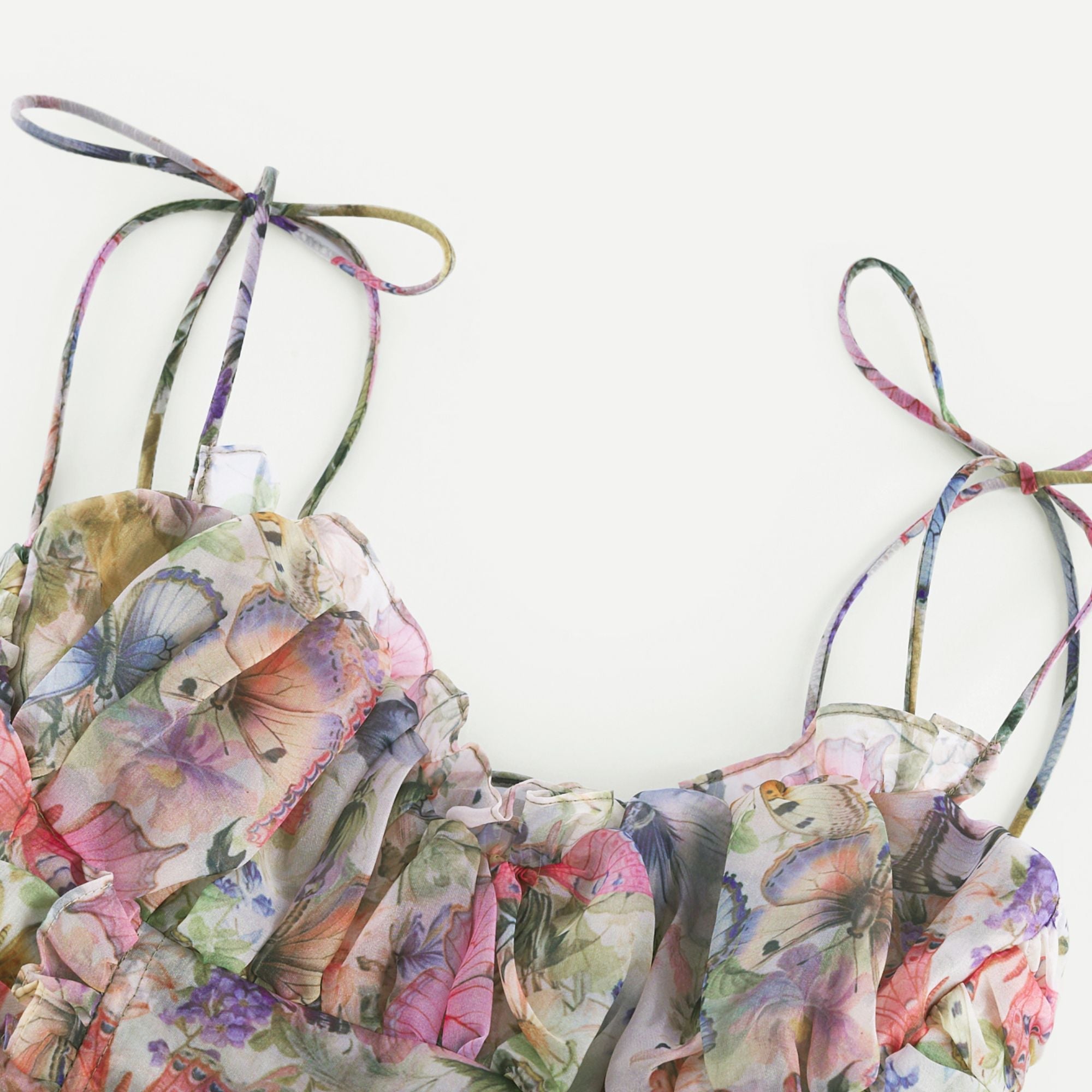 Juliette Floral Print Pleated Mini Dress Spaghetti Strap Tiered Detail Pink