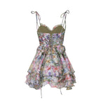 Juliette Floral Print Pleated Mini Dress Spaghetti Strap Tiered Detail Pink