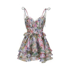 Juliette Floral Print Pleated Mini Dress Spaghetti Strap Tiered Detail Pink