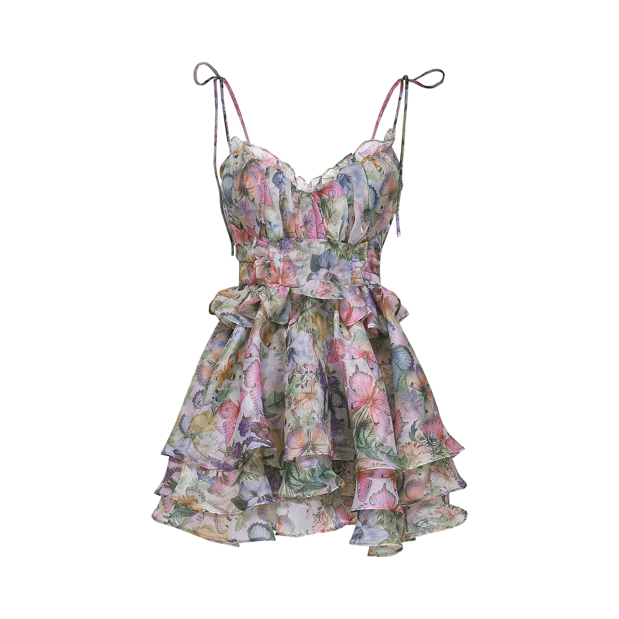 Juliette Floral Print Pleated Mini Dress Spaghetti Strap Tiered Detail Pink