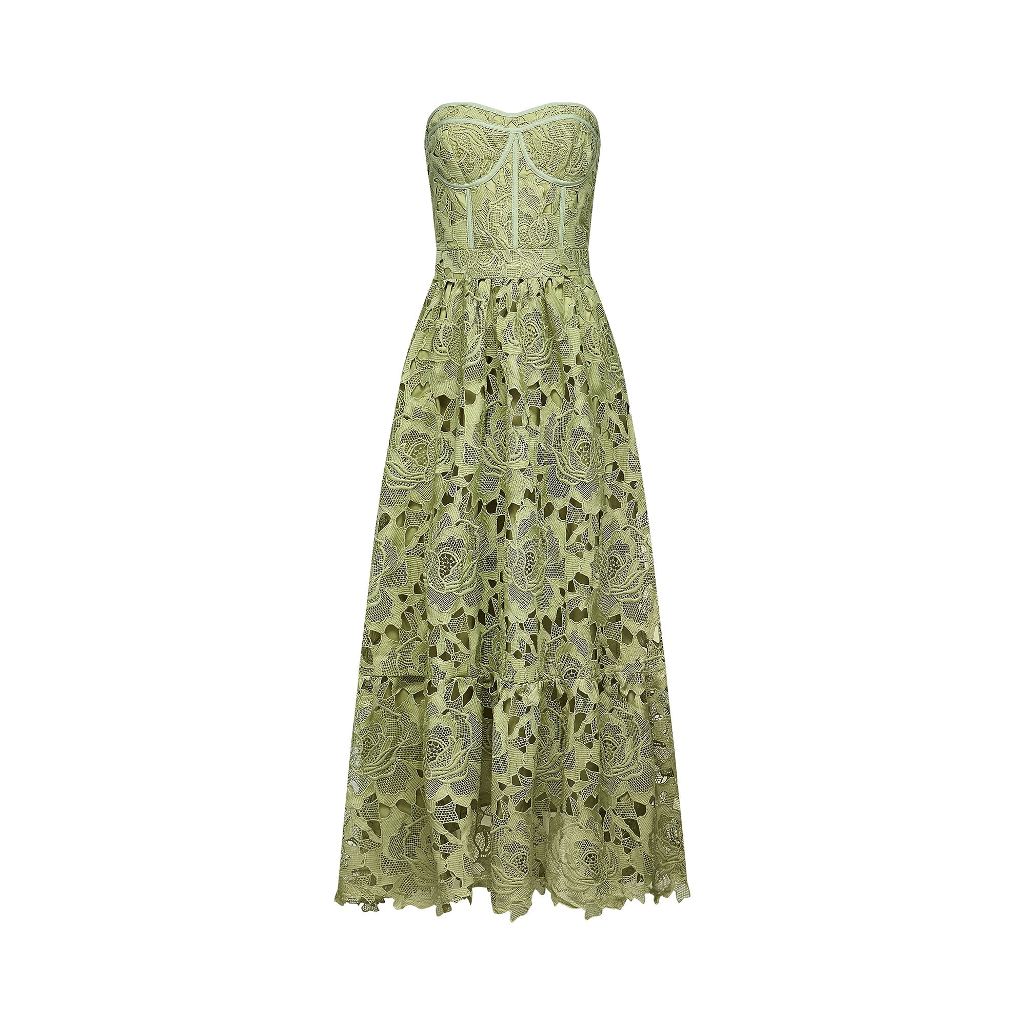 Inès Lace Floral Embroidered Midi Dress Off-Shoulder Cut-Out Detail Green