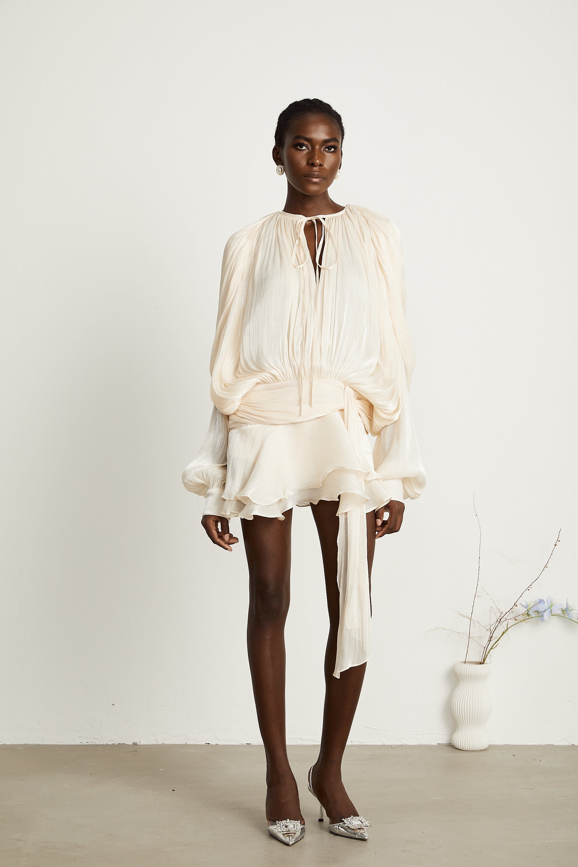 Eugénie Fully Pleated Ruffled Mini Dress Long Sleeve Neutral
