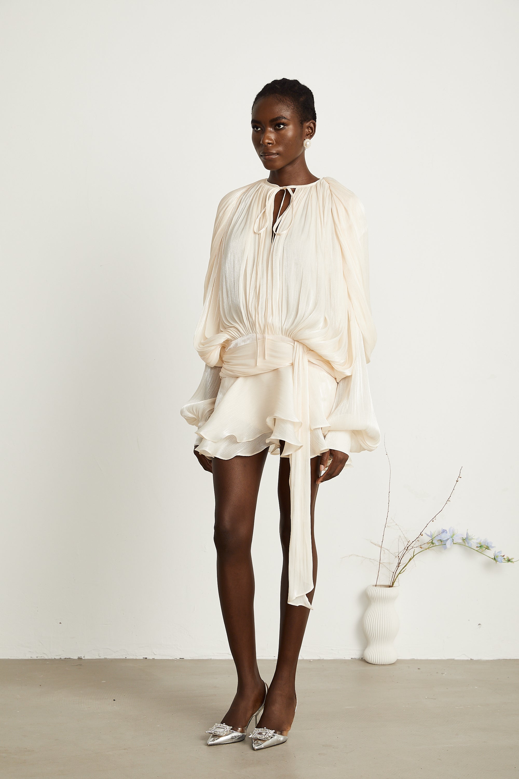 Eugénie Fully Pleated Ruffled Mini Dress Long Sleeve Neutral