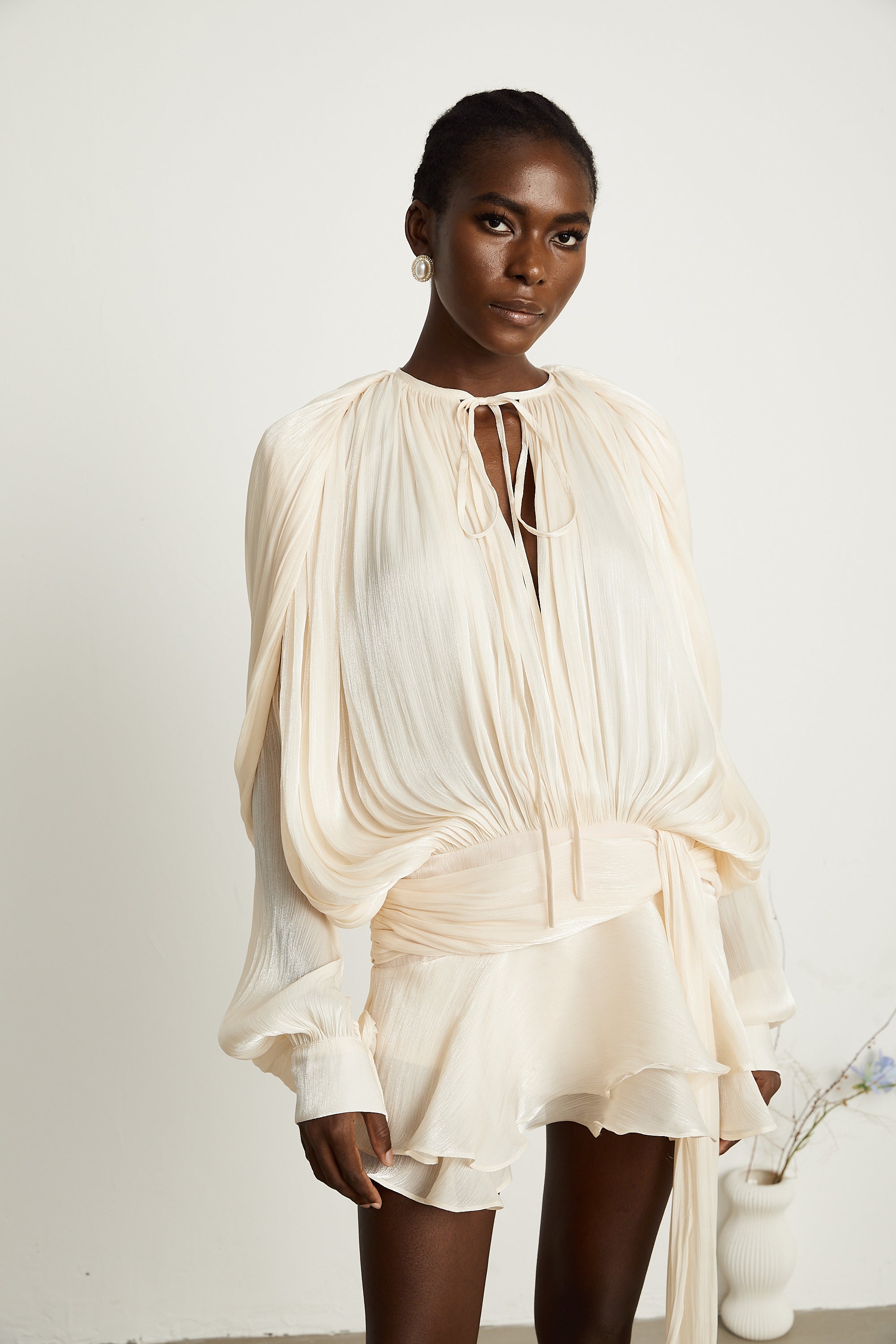 Eugénie Fully Pleated Ruffled Mini Dress Long Sleeve Neutral