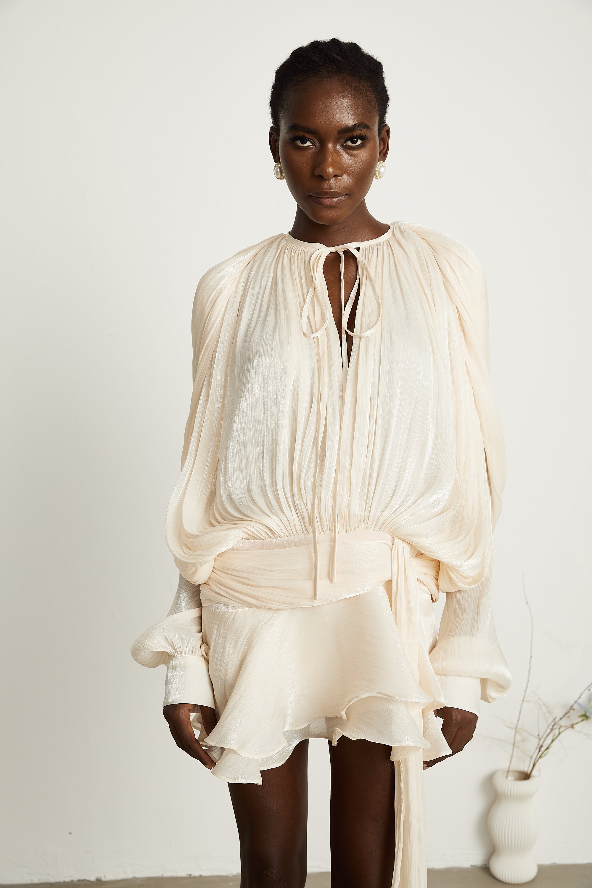 Eugénie Fully Pleated Ruffled Mini Dress Long Sleeve Neutral