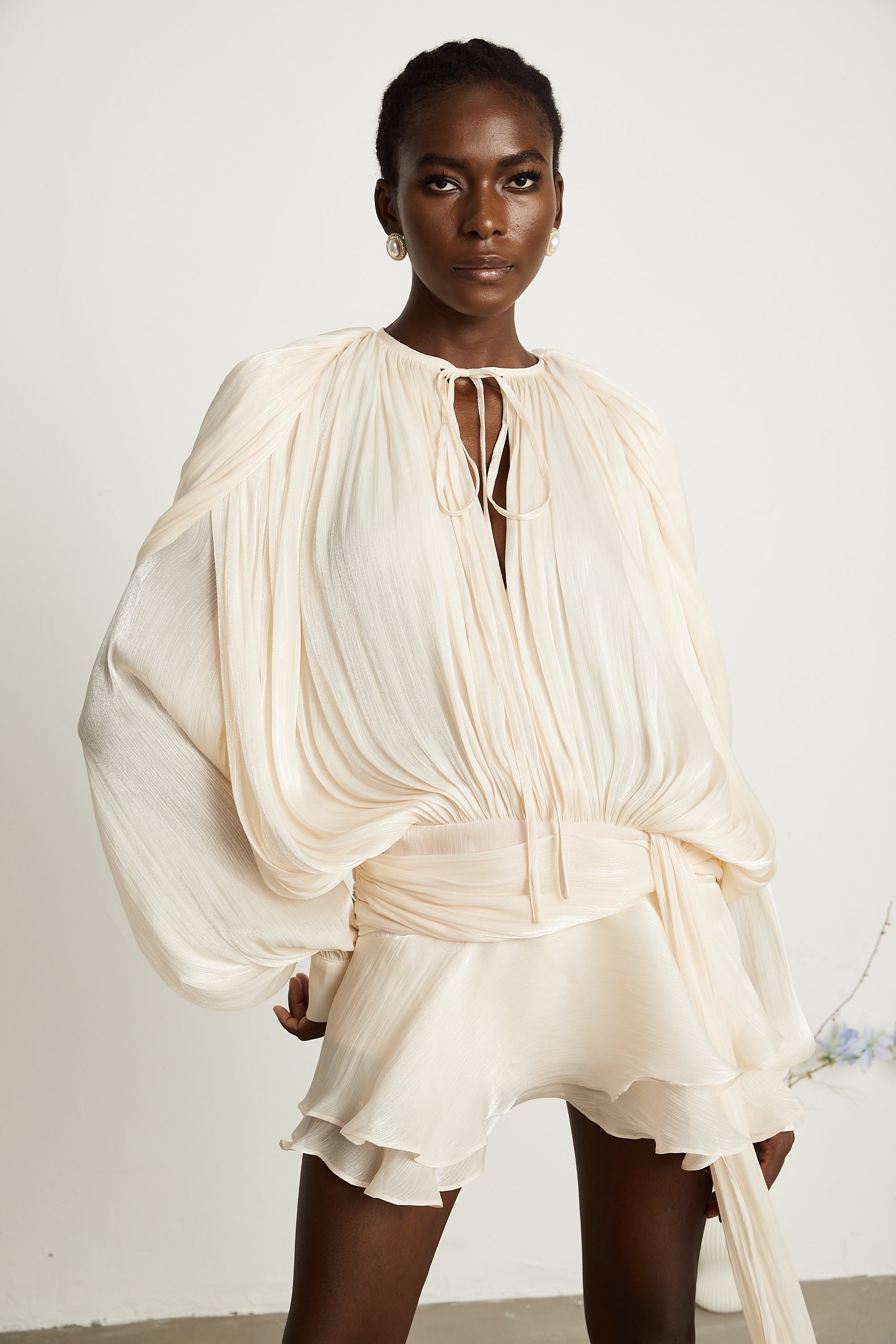 Eugénie Fully Pleated Ruffled Mini Dress Long Sleeve Neutral