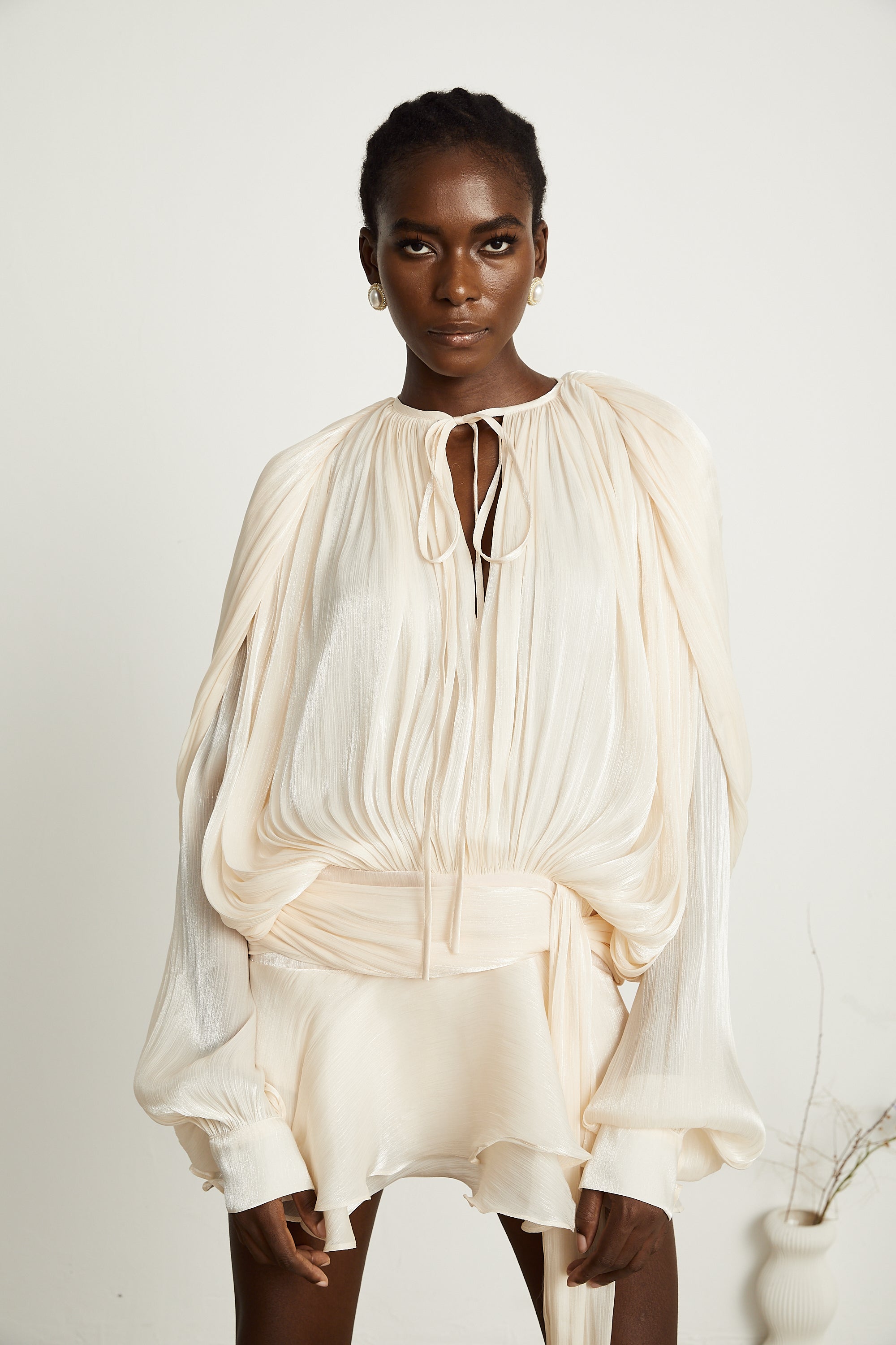 Eugénie Fully Pleated Ruffled Mini Dress Long Sleeve Neutral