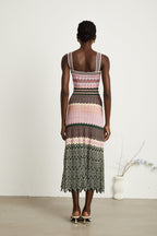 Daphne Contrast Color Knitted Midi Dress Sleeveless Scalloped Edge Detail Pink