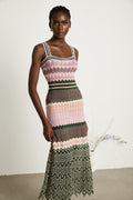 Daphne Contrast Color Knitted Midi Dress Sleeveless Scalloped Edge Detail Pink