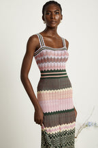 Daphne Contrast Color Knitted Midi Dress Sleeveless Scalloped Edge Detail Pink