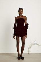 Azura Floral Appliqué Mini Dress Off-Shoulder Long Sleeve Detail Red