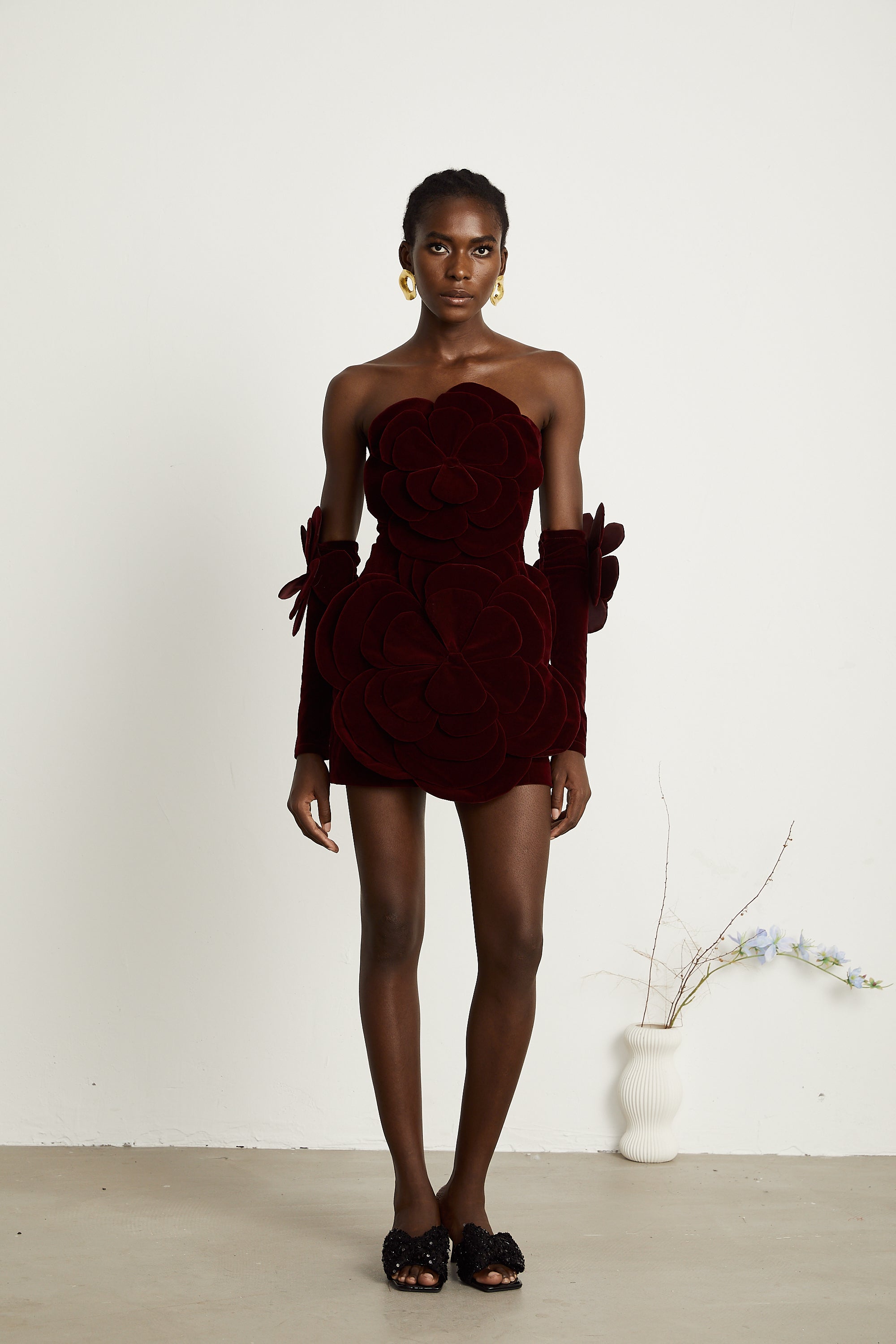 Azura Floral Appliqué Mini Dress Off-Shoulder Long Sleeve Detail Red