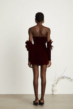 Azura Floral Appliqué Mini Dress Off-Shoulder Long Sleeve Detail Red