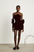 Azura Floral Appliqué Mini Dress Off-Shoulder Long Sleeve Detail Red