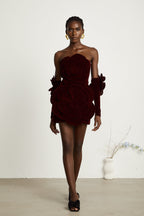 Azura Floral Appliqué Mini Dress Off-Shoulder Long Sleeve Detail Red