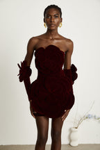 Azura Floral Appliqué Mini Dress Off-Shoulder Long Sleeve Detail Red
