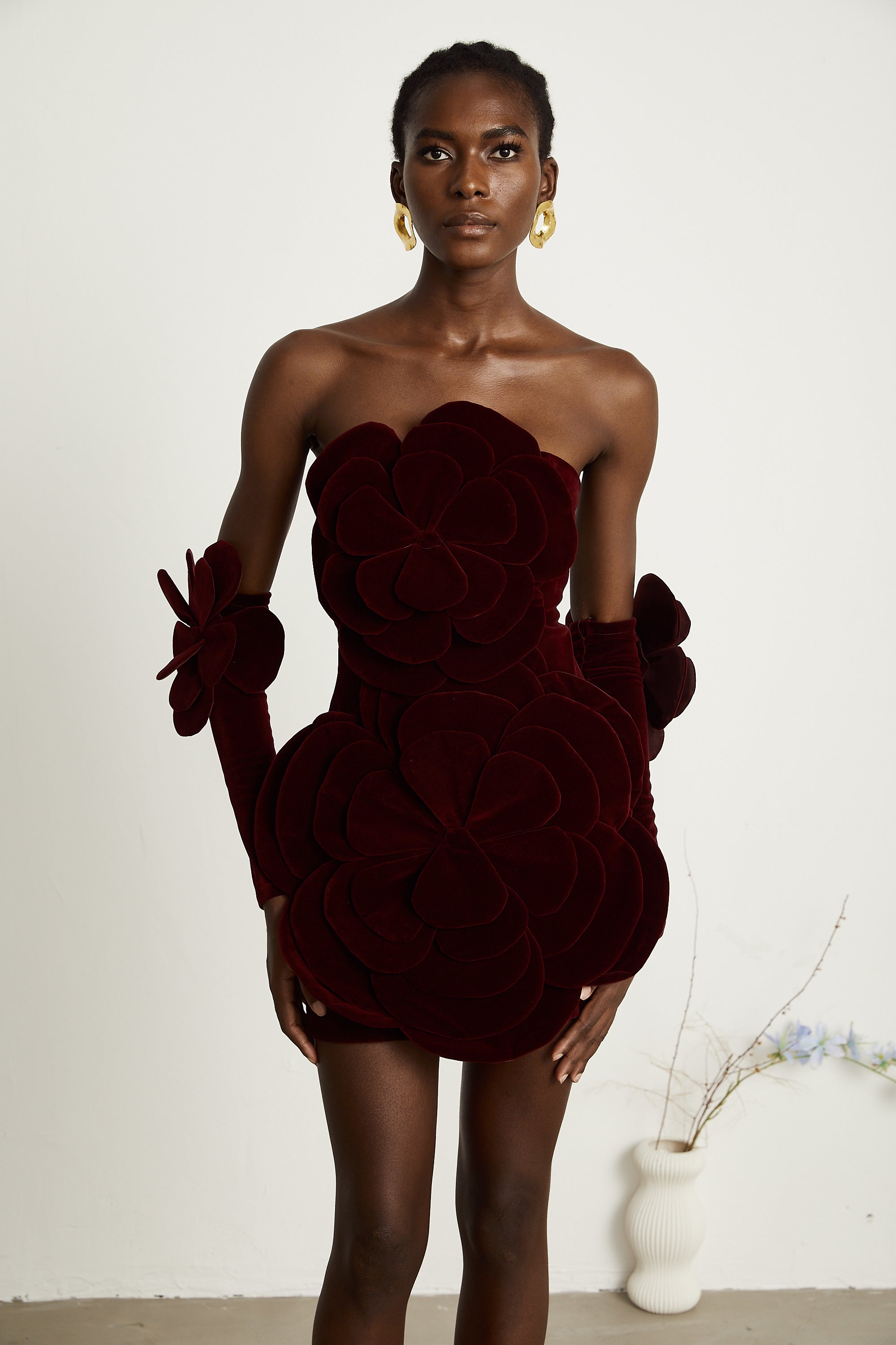 Azura Floral Appliqué Mini Dress Off-Shoulder Long Sleeve Detail Red
