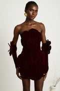 Azura Floral Appliqué Mini Dress Off-Shoulder Long Sleeve Detail Red