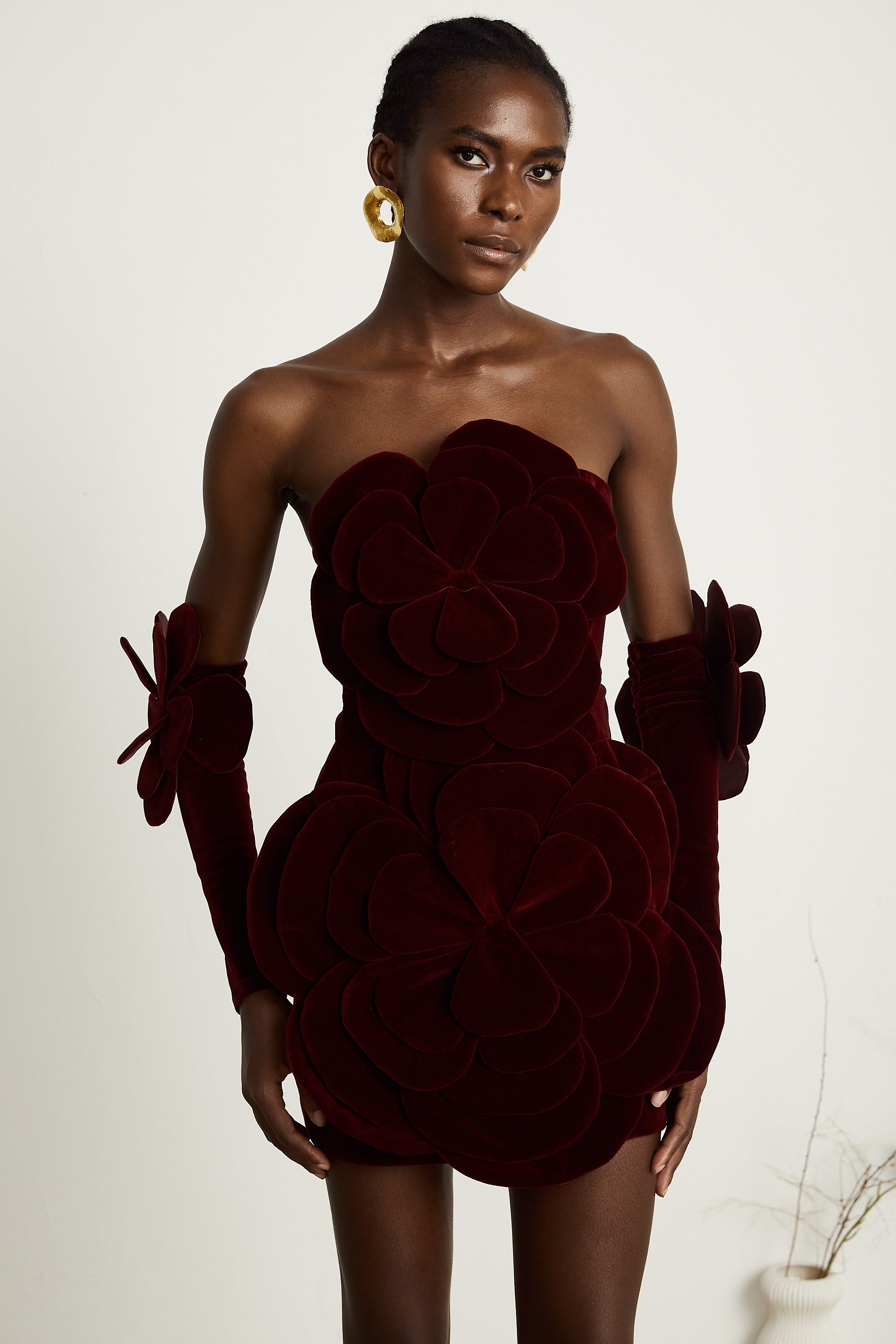 Azura Floral Appliqué Mini Dress Off-Shoulder Long Sleeve Detail Red